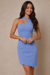 Asymmetric Halter Neck Bodycon Mini Dress In Blue by Chi Chi London