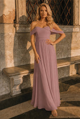 Bardot Off-Shoulder Maxi Dress In Mink by Chi Chi London