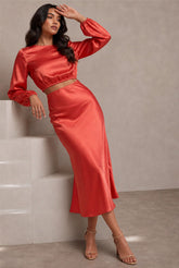 Balloon Sleeve Satin Crop Top In Red by Chi Chi London