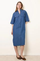 Button Front Denim Shirt Dress by Blue Vanilla