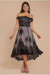 Bardot Sequin & Lace High Low Midi - Black by Goddiva