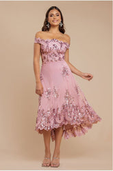 Bardot Sequin & Lace High Low Midi - Blush by Goddiva