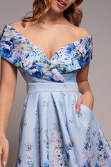 Bardot Floral Print A-Line Scuba Foam Midi Dress - Blue by Goddiva