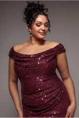 Cap Sleeve Iridescent Sequin Cowl Maxi Dress - Burgundy Red by Goddiva Plus