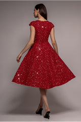 Bead Embellished Jacquard A Line Midi Dress - Red by Goddiva