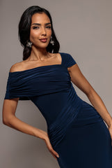 Asymmetric Neck Gathered Waist Maxi Dress - Navy Blue by Goddiva