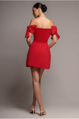 Bardot Plunge Neck Bow Sleeve Skater Mini Dress - Red by Goddiva