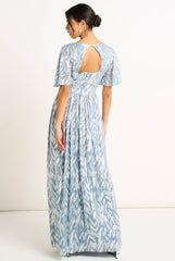 Blue Foil Metallic Print Short Sleeves Maxi Dress by Gini London