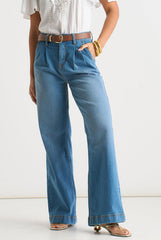Blue Pleat Wide Leg Jean by Gini London