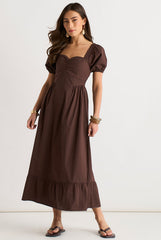 Brown Gypsy Puff Sleeves Midaxi Dress by Gini London