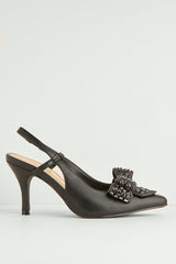 Celia Diamante Bow Pointed Toe Slingback Court Shoes In Black by Miss Diva
