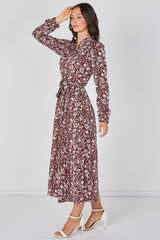 Burgundy Paisley Floral Print Belted Maxi Shirt Dress by LOVE SUNSHINE