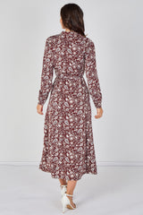 Burgundy Paisley Floral Print Belted Maxi Shirt Dress by LOVE SUNSHINE