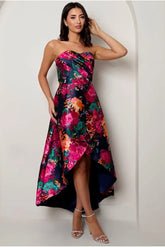 Bandeau Sweetheart Floral Wrap Detail Dip Hem Dress In Navy by Chi Chi London