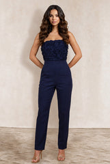 3D Floral Bandeau Jumpsuit In Navy by Chi Chi London