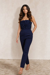 3D Floral Bandeau Jumpsuit In Navy by Chi Chi London
