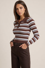 Brown Blue Striped Long Sleeve Collar Ribbed Jumper by Aftershock London