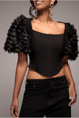 3D Textured Sleeve Scuba Corset Top - Black by Goddiva