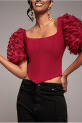 3D Textured Sleeve Scuba Corset Top - Burgundy by Goddiva