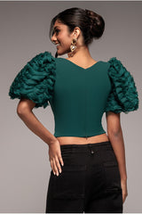 3D Textured Sleeve Scuba Corset Top - Emerald Green by Goddiva