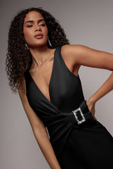 Buckle Plunge Bow Detail Jumpsuit - Black by Goddiva