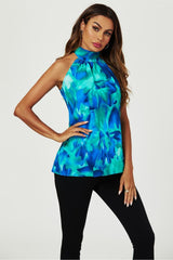 Abstract Floral Print Halter Neck Tie Back Top In Blue by FS Collection