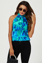 Abstract Floral Print Halter Neck Tie Back Top In Blue by FS Collection