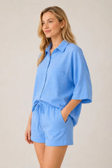 Blue Textured Linen Look Elasticated Waist Shorts Co-Ord by Avinci