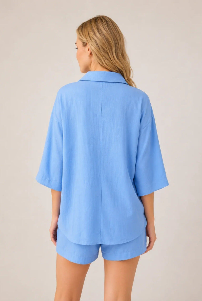 Blue Textured Linen Look Elasticated Waist Shorts Co-Ord by Avinci