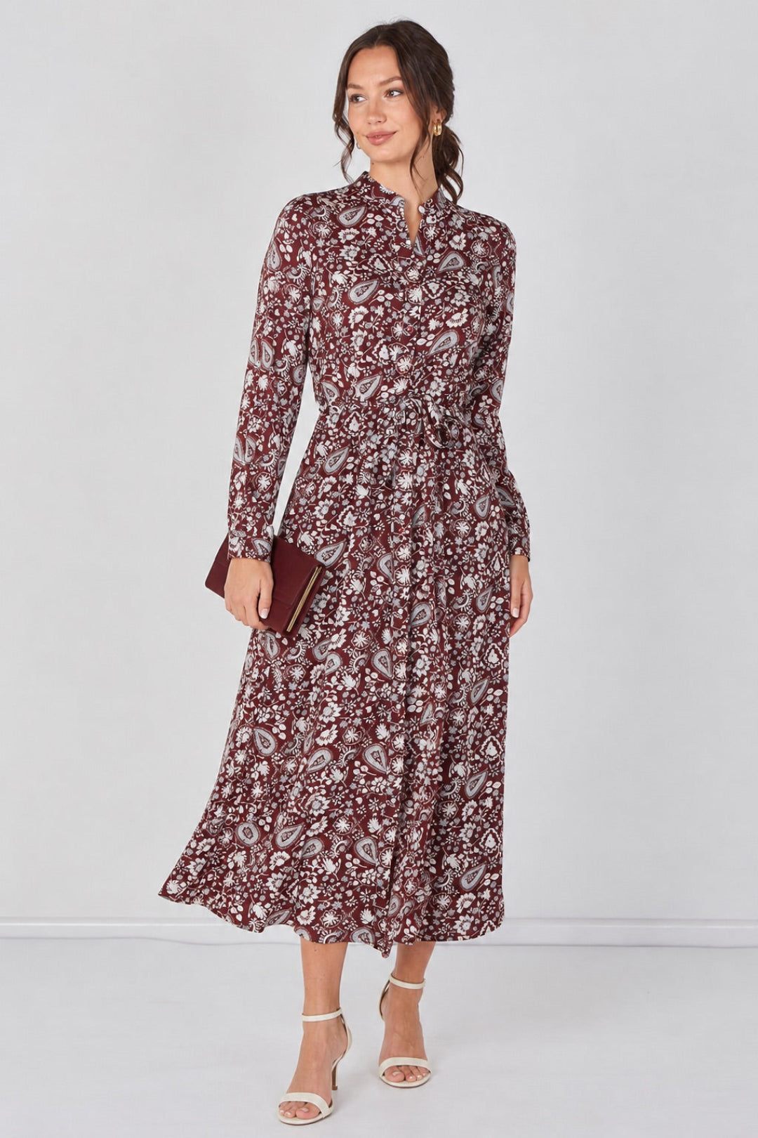 Burgundy Paisley Floral Print Belted Maxi Shirt Dress by LOVE SUNSHINE