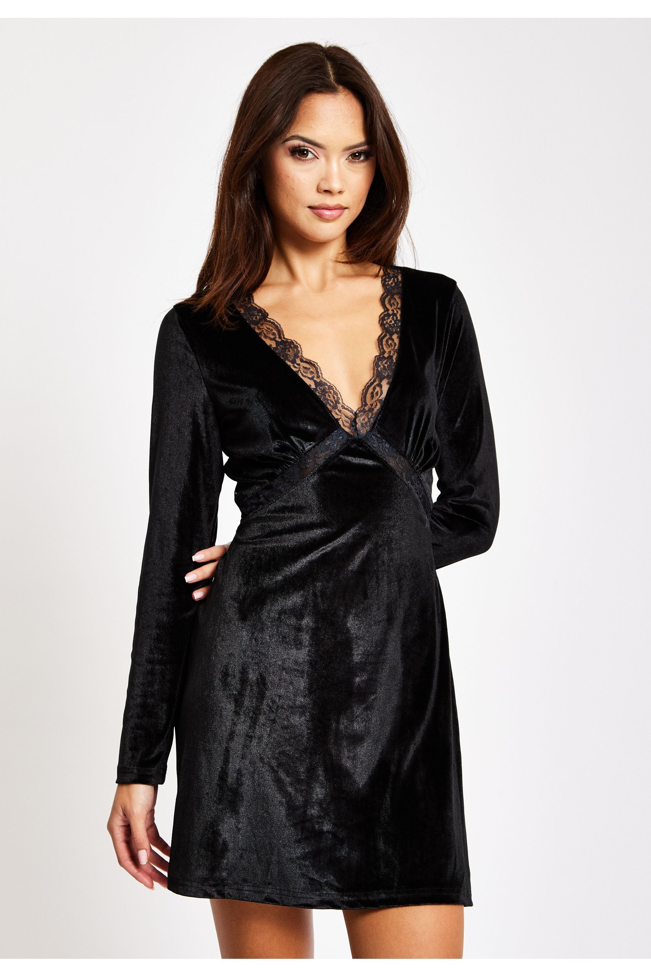 Black Velvet Mini Dress With Lace Details by Liquorish