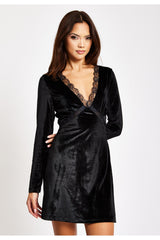 Black Velvet Mini Dress With Lace Details by Liquorish