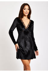Black Velvet Mini Dress With Lace Details by Liquorish