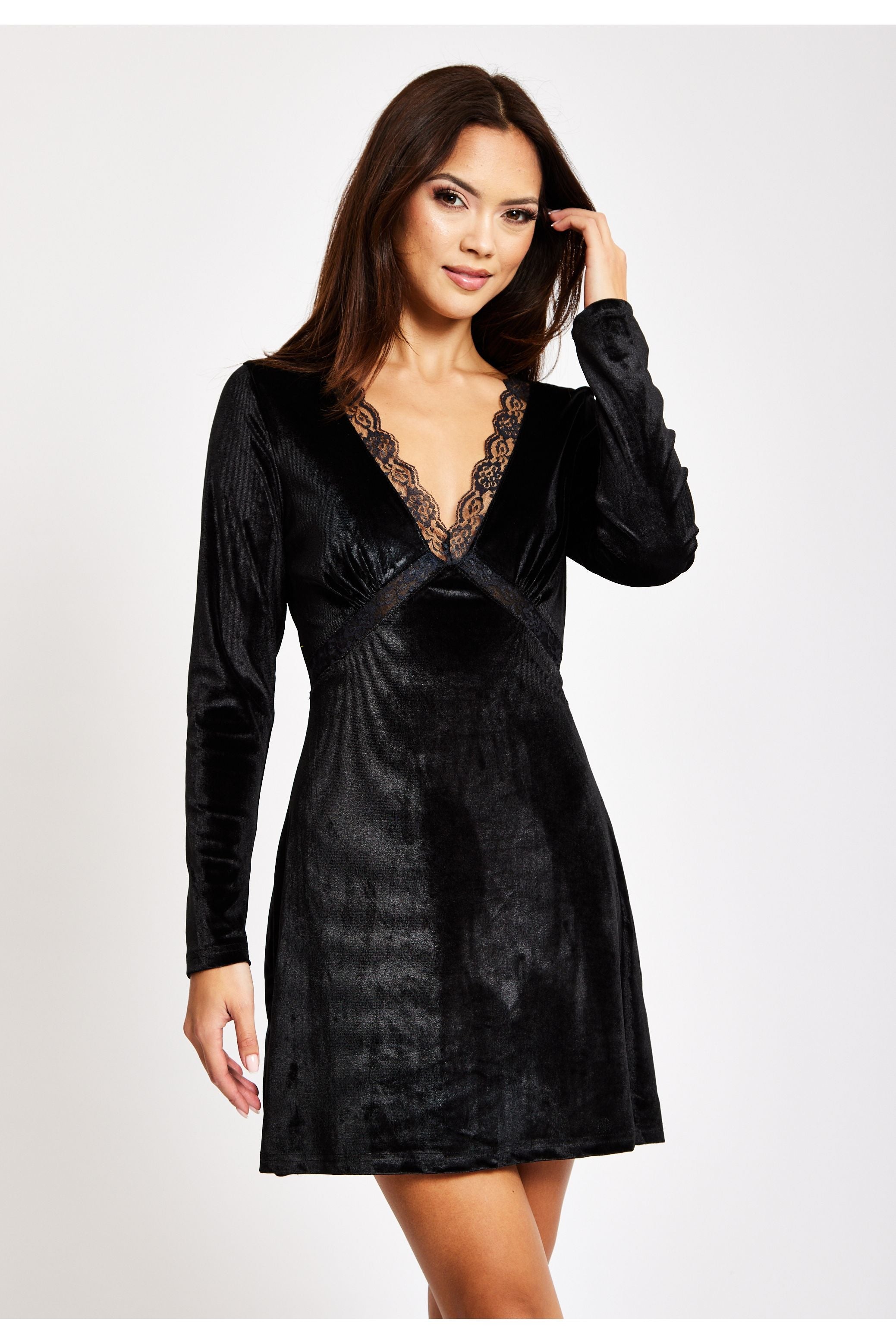 Black Velvet Mini Dress With Lace Details by Liquorish