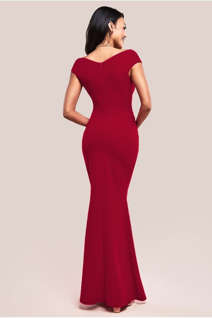Bardot Pleated Maxi Dress - Wine by Goddiva