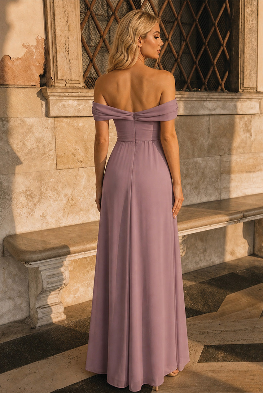 Bardot Off-Shoulder Maxi Dress In Mink by Chi Chi London