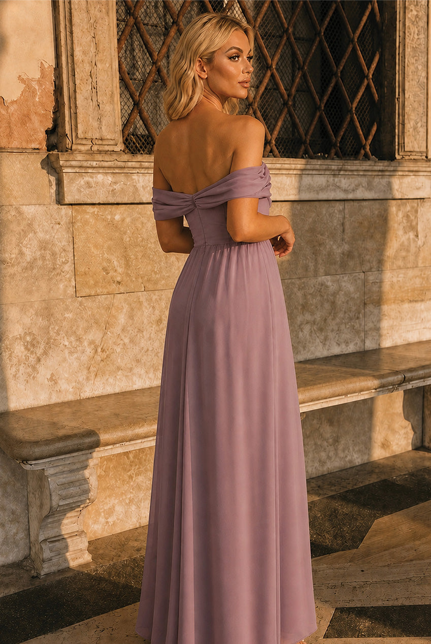 Bardot Off-Shoulder Maxi Dress In Mink by Chi Chi London