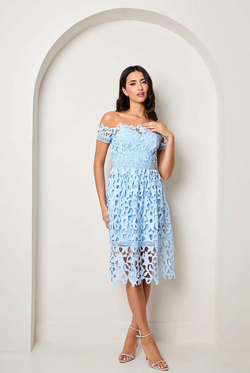 Bardot Lace Midi Crochet Dress In Blue by Chi Chi London