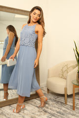 Blue Halter Neck Lace Layer Dress by Double Second