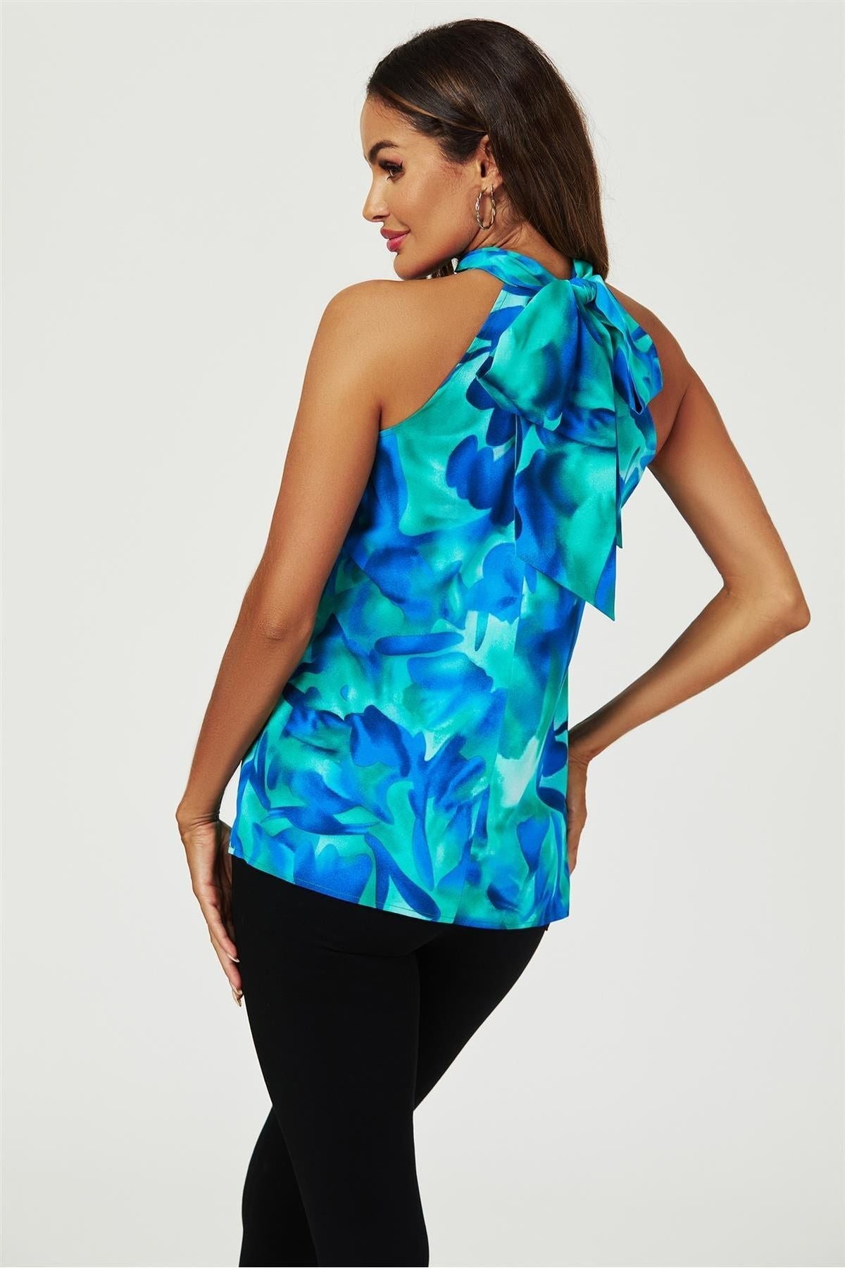Abstract Floral Print Halter Neck Tie Back Top In Blue by FS Collection