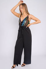 Black Combined Sequin Jumpsuit by Aftershock London