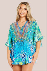 Aqua Blue Floral Short Beach Dress Kaftan by Aftershock London