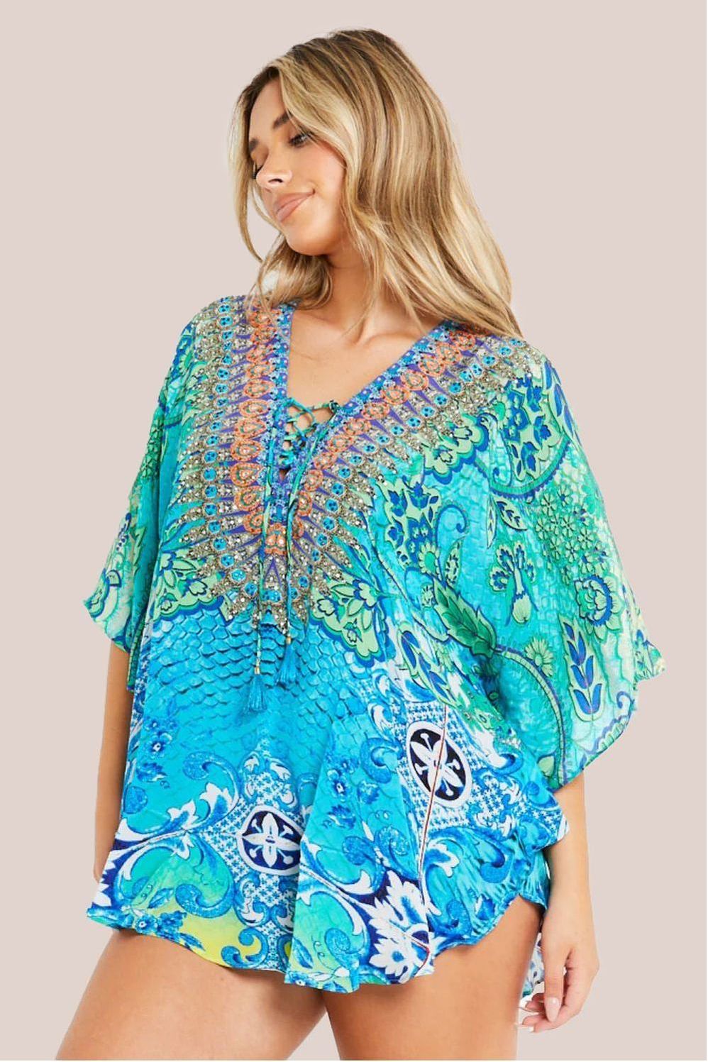 Aqua Blue Floral Short Beach Dress Kaftan by Aftershock London