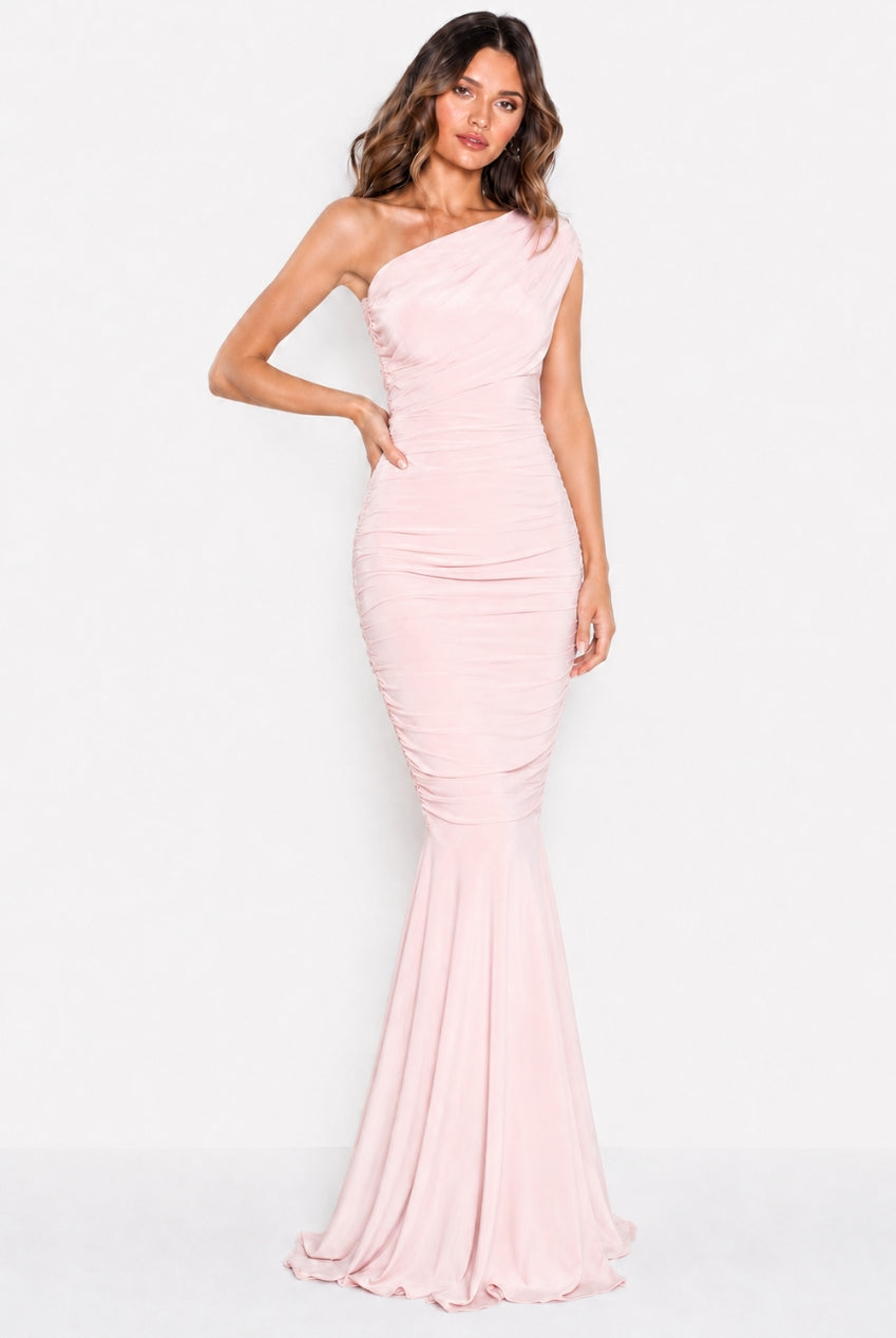 Alice Blush Pink One Shoulder Bridesmaids Occasion Maxi Dress by Honor Gold