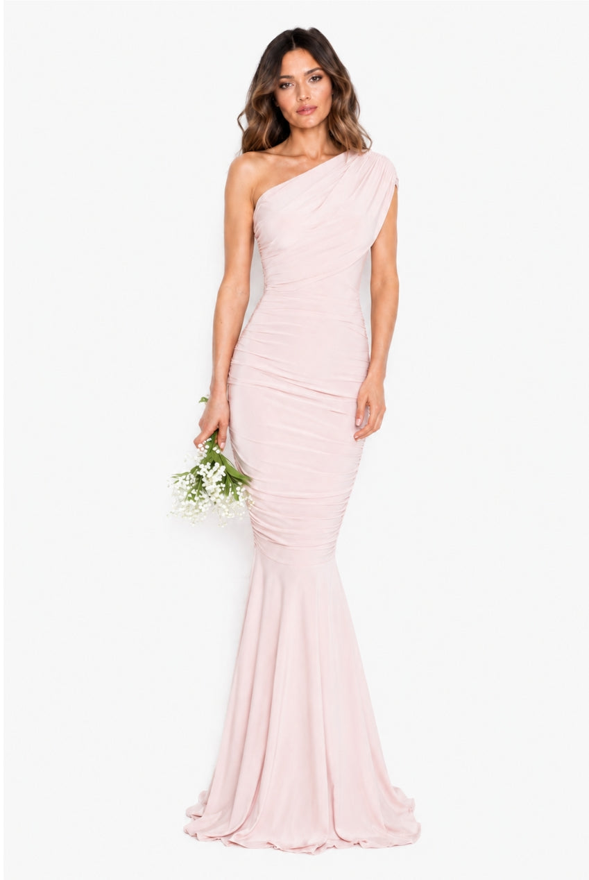 Alice Blush Pink One Shoulder Bridesmaids Occasion Maxi Dress by Honor Gold