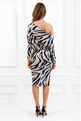Aubrey Zebra Animal Print Batwing Off The Shoulder Midi Dress by Honor Gold