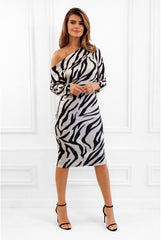 Aubrey Zebra Animal Print Batwing Off The Shoulder Midi Dress by Honor Gold