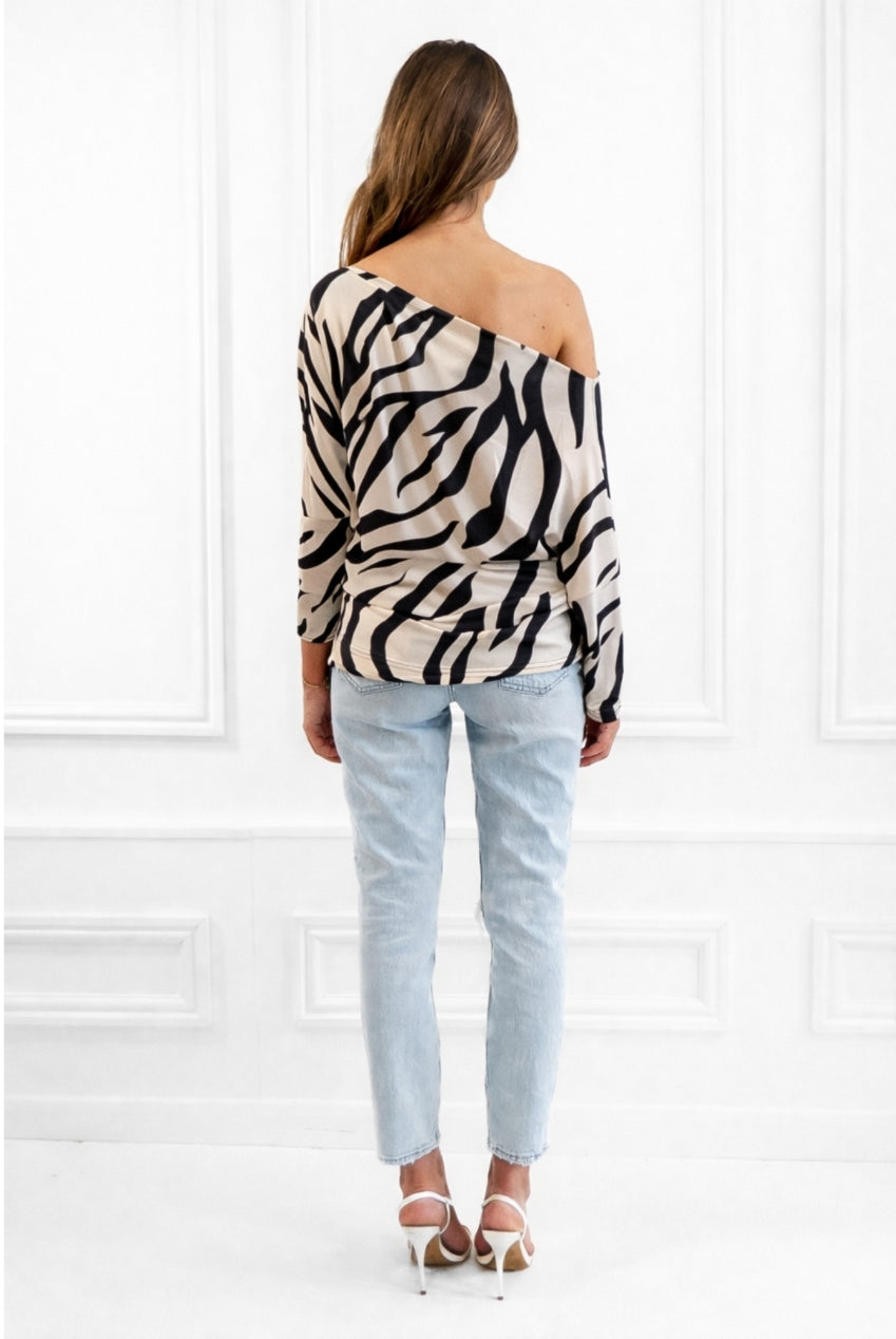 Aubrey Zebra Animal Print Batwing Off The Shoulder Top by Honor Gold