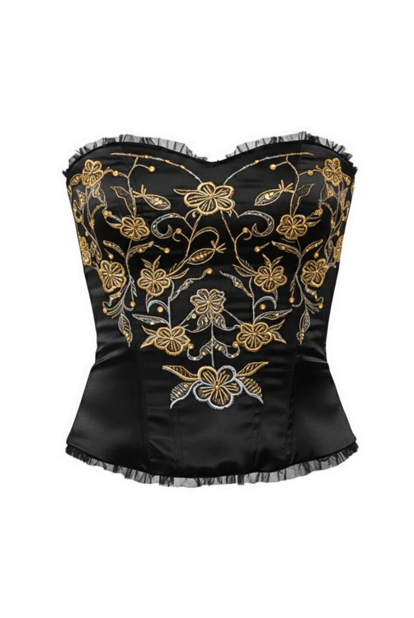 Black Floral Embroidered Satin Bustier Corset Top by Avinci