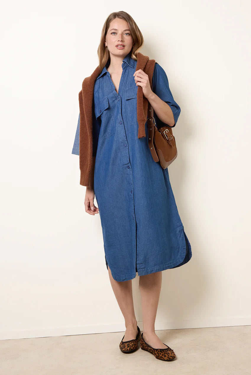 Button Front Denim Shirt Dress by Blue Vanilla